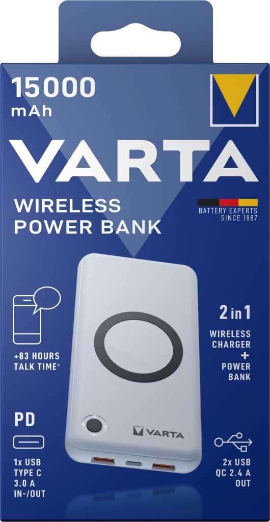 Bild von Varta 57908 Wireless Power Bank 15000 Leistungsstarkes 2-in-1 Produkt: Wireless Charger und Power Bank in einem! Mit den neuesten Technologie-Trends USB Tp C PD und Quick Charge 3.0 für maximale Ladegeschwindigkeit und Flexibilität. 