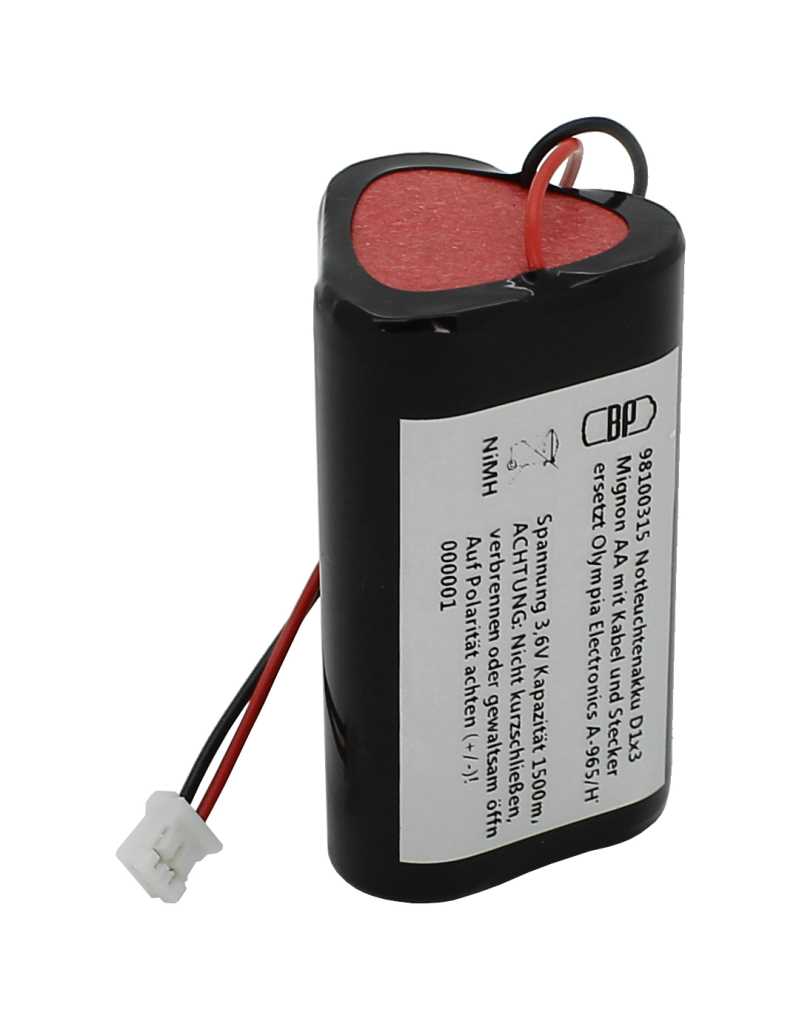 Bild von Notleuchtenakku NiMH 3,6V 1500mAh D1x3 Mignon AA mit 100mm Kabel und Stecker ersetzt Olympia Electronics SLD-28/2P